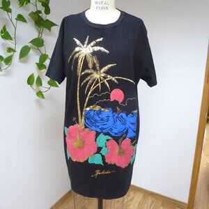 Black gold foil tropical red hibiscus sun ocean graphic long swim cover t shirt